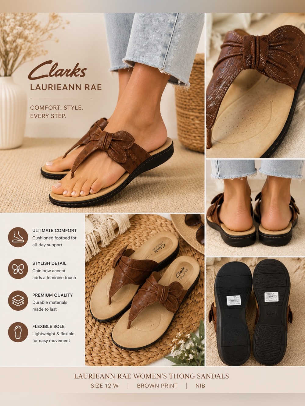 NIB Clarks Laurieann Rae Women's Thong Sandals Women’s Size 12 W Brown Print